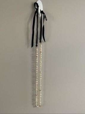 J.Crew Faux Pearl Ribbon Necklace Black Satin Bow Statement Necklace